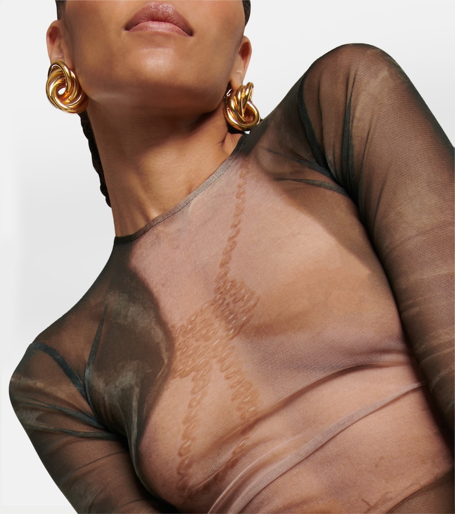 Balmain Trompe-l'ail Printed Tulle Top In Noir/beige