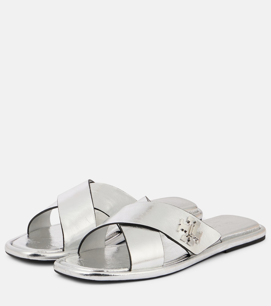  Tory Burch Tory Burch T Lock Metallic Leather Slides 