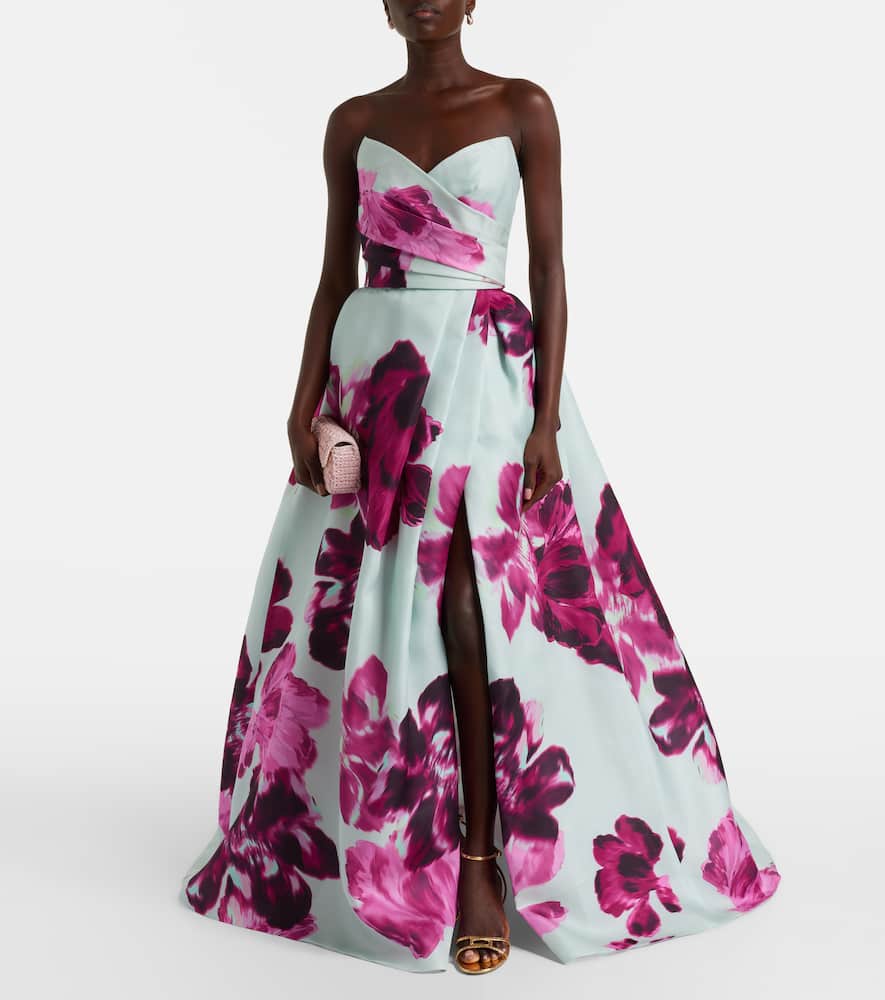 Monique Lhuillier Floral Silk Gazar Gown In Blue