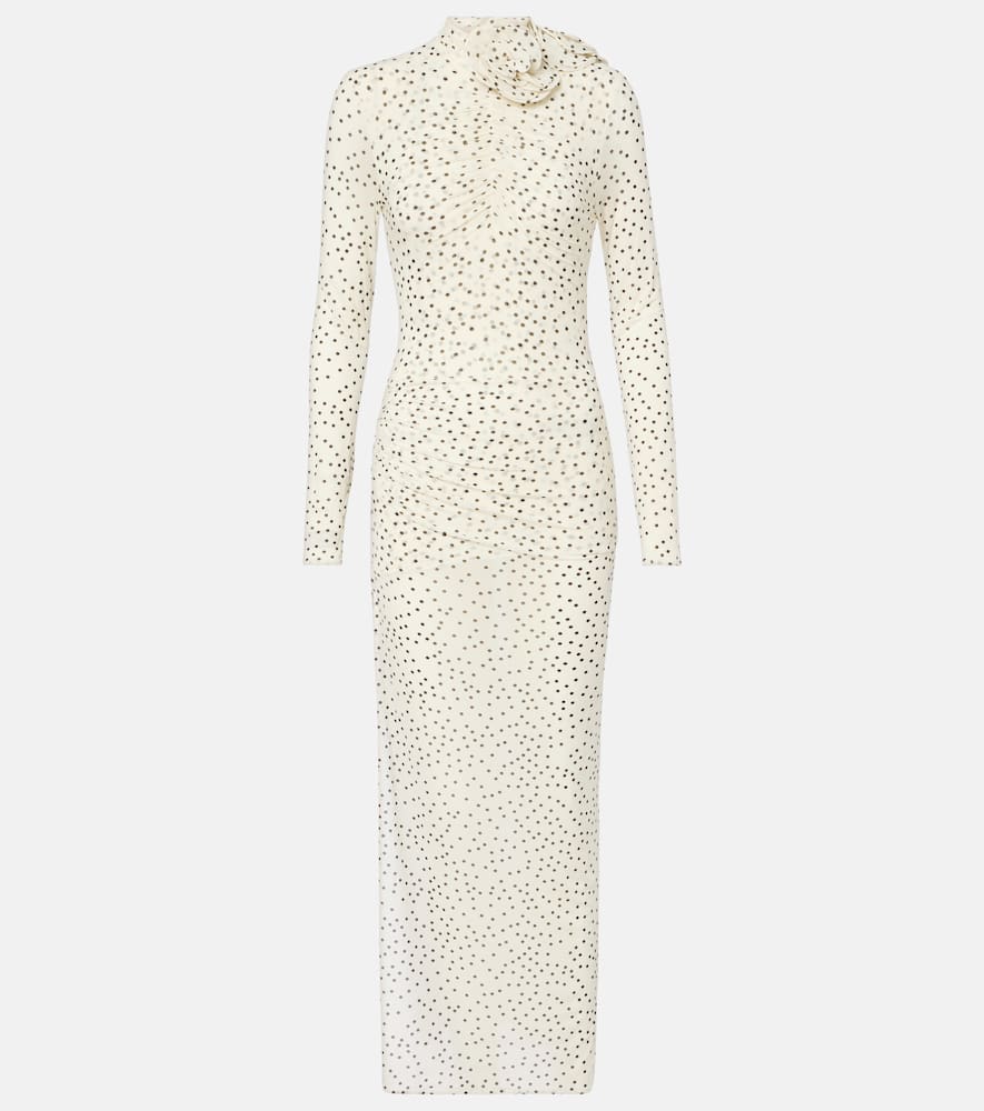 Floral-appliqué polka-dot maxi dress