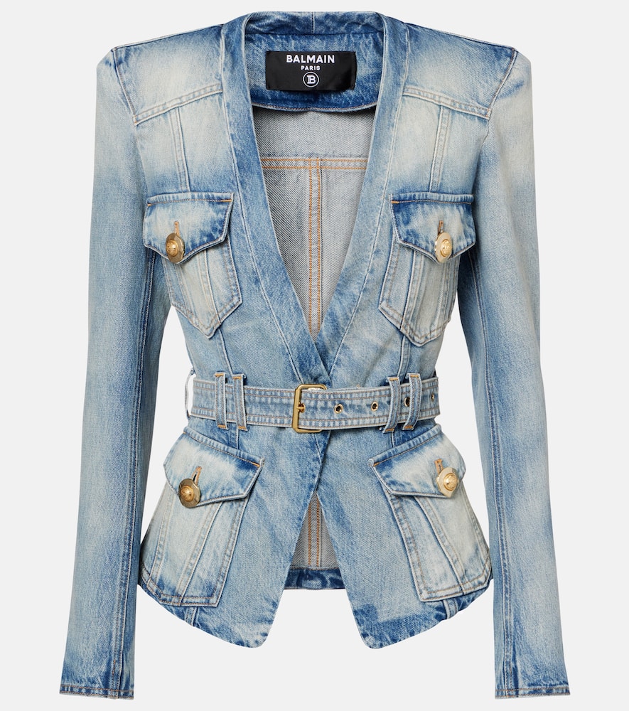 Balmain 1-button Belted Denim Jacket In Blue