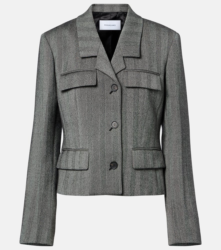 Ferragamo Wool Blend Herringbone Crop Jacket In Gray