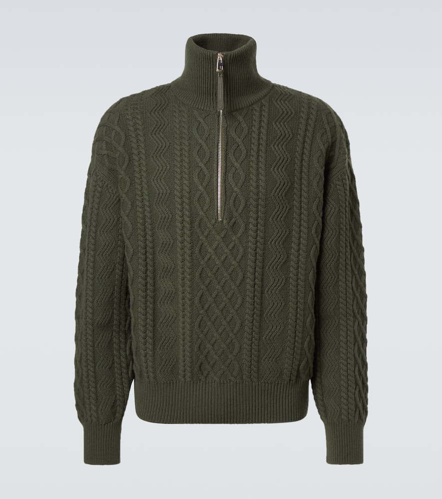 Loewe Aran-knit Wool Half-zip Turtleneck Sweater In Green