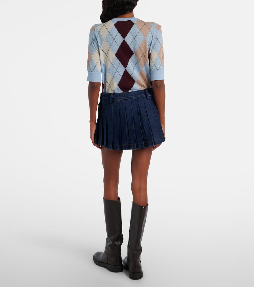 7 For All Mankind Pleated Low-rise Denim Miniskirt In Blue