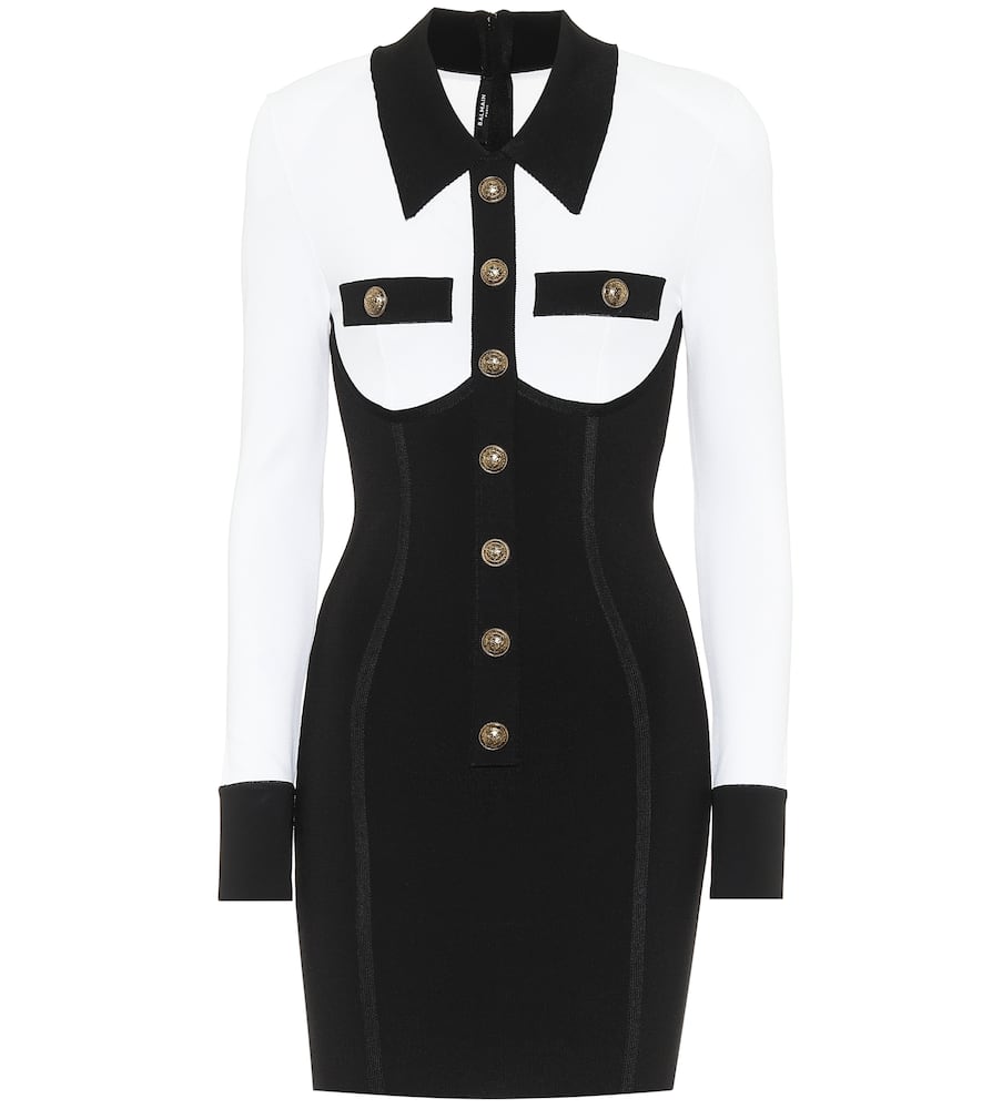 Click to view more detailed imagery on our partner's website Balmain Button-embellished Two-tone Stretch-knit Mini Dress In Black