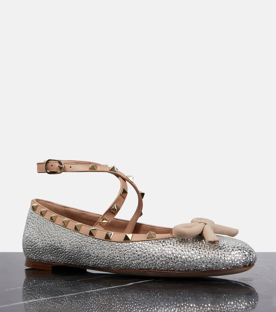 Valentino Rockstud Embellished Ballet Flats In Metallic