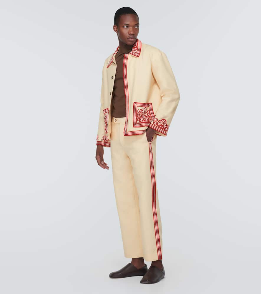 Bode Stria Beaded Cotton Straight Pants In White