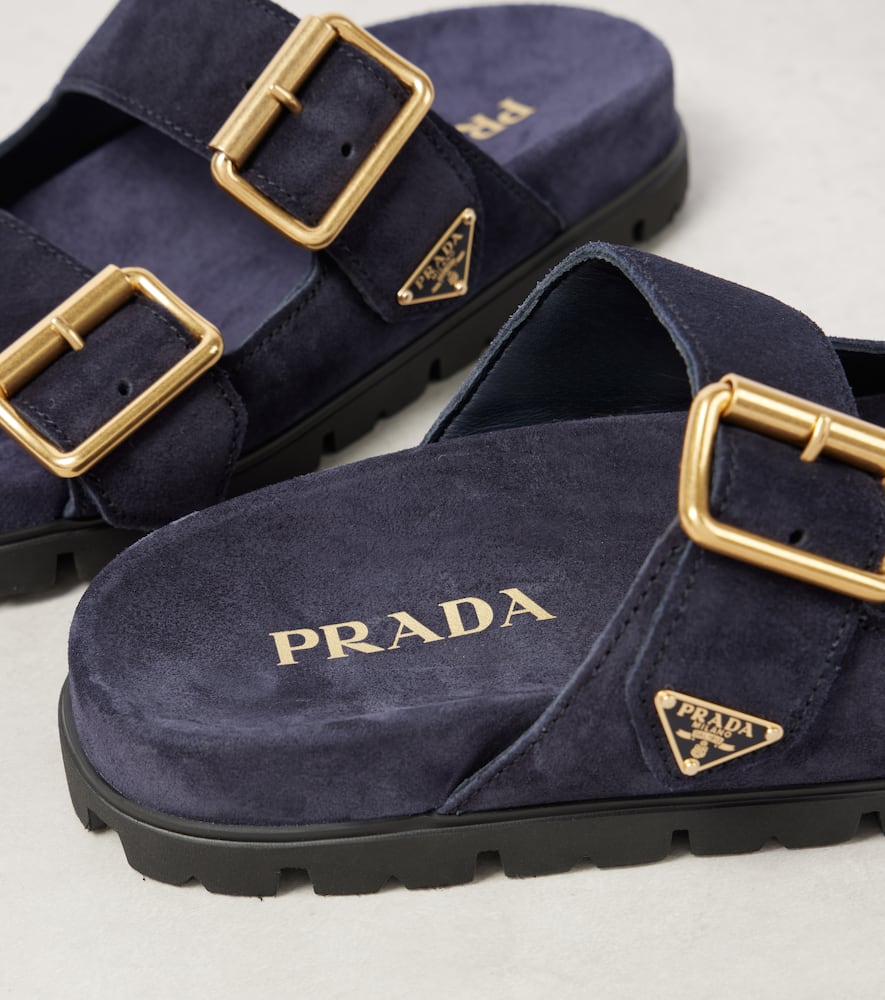 Prada Leather Slides Gold-tone Hardware Accents In Blau