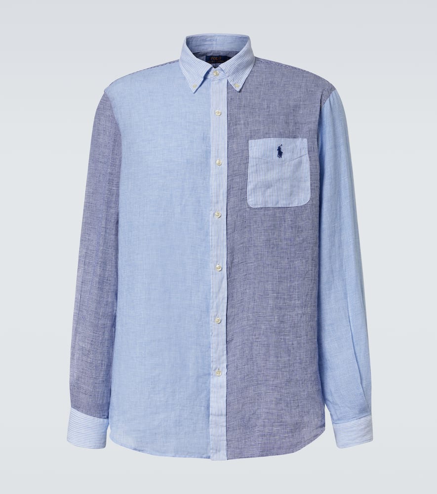 Polo Ralph Lauren Button-down Collar Panelled Puppytooth And Striped Linen Shirt In Blue