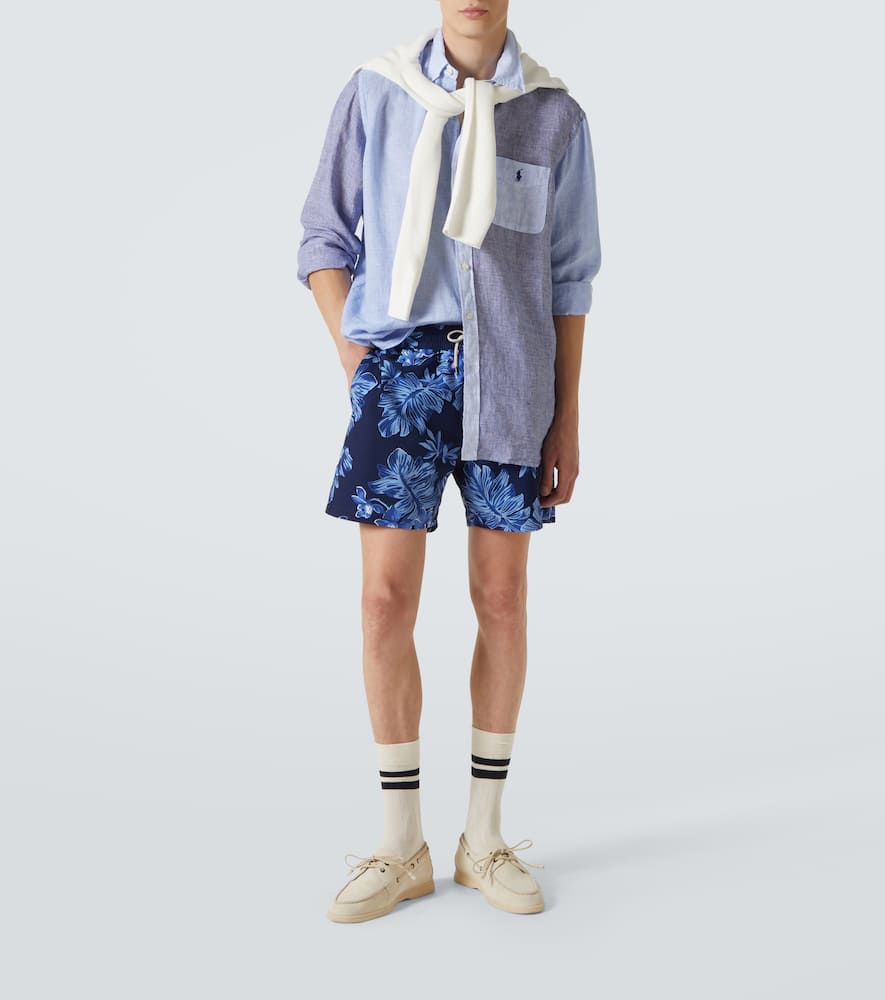 Polo Ralph Lauren Button-down Collar Panelled Puppytooth And Striped Linen Shirt In Blue