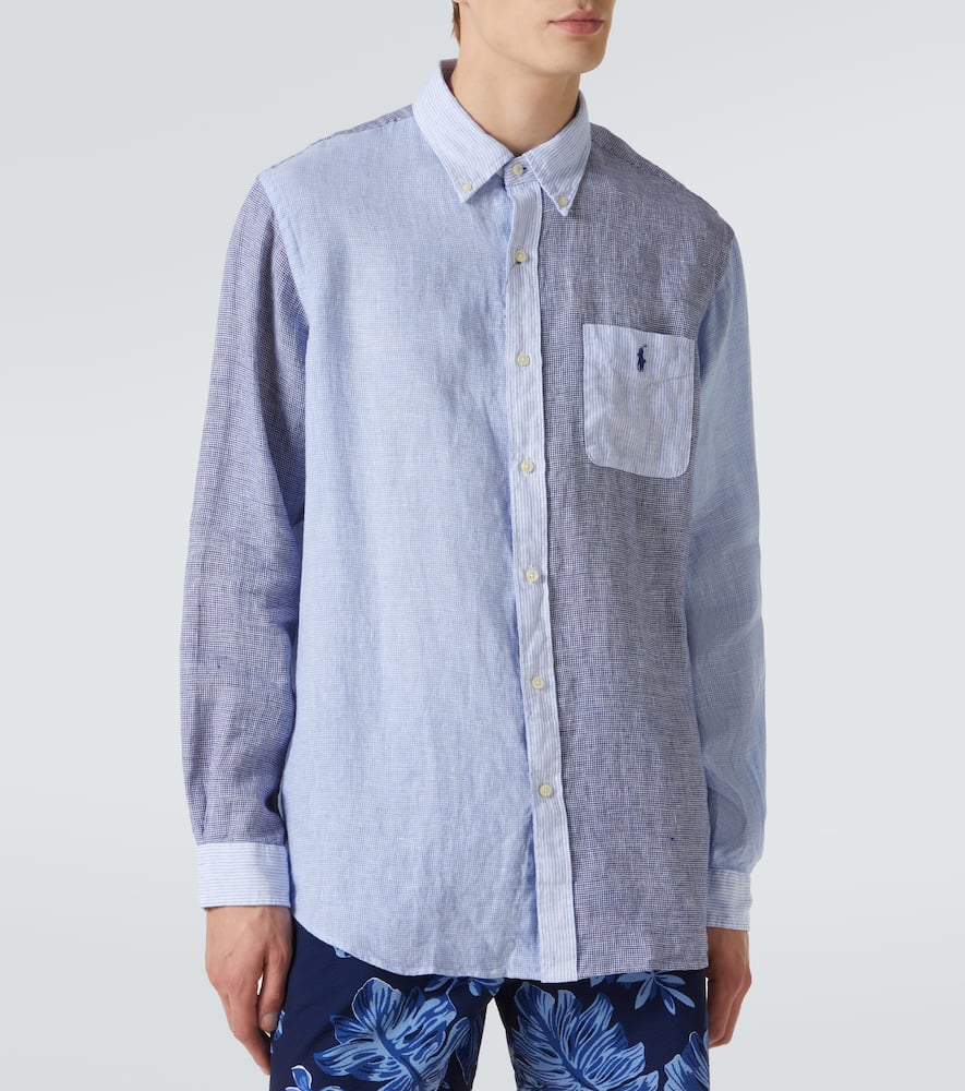Polo Ralph Lauren Button-down Collar Panelled Puppytooth And Striped Linen Shirt In Blue