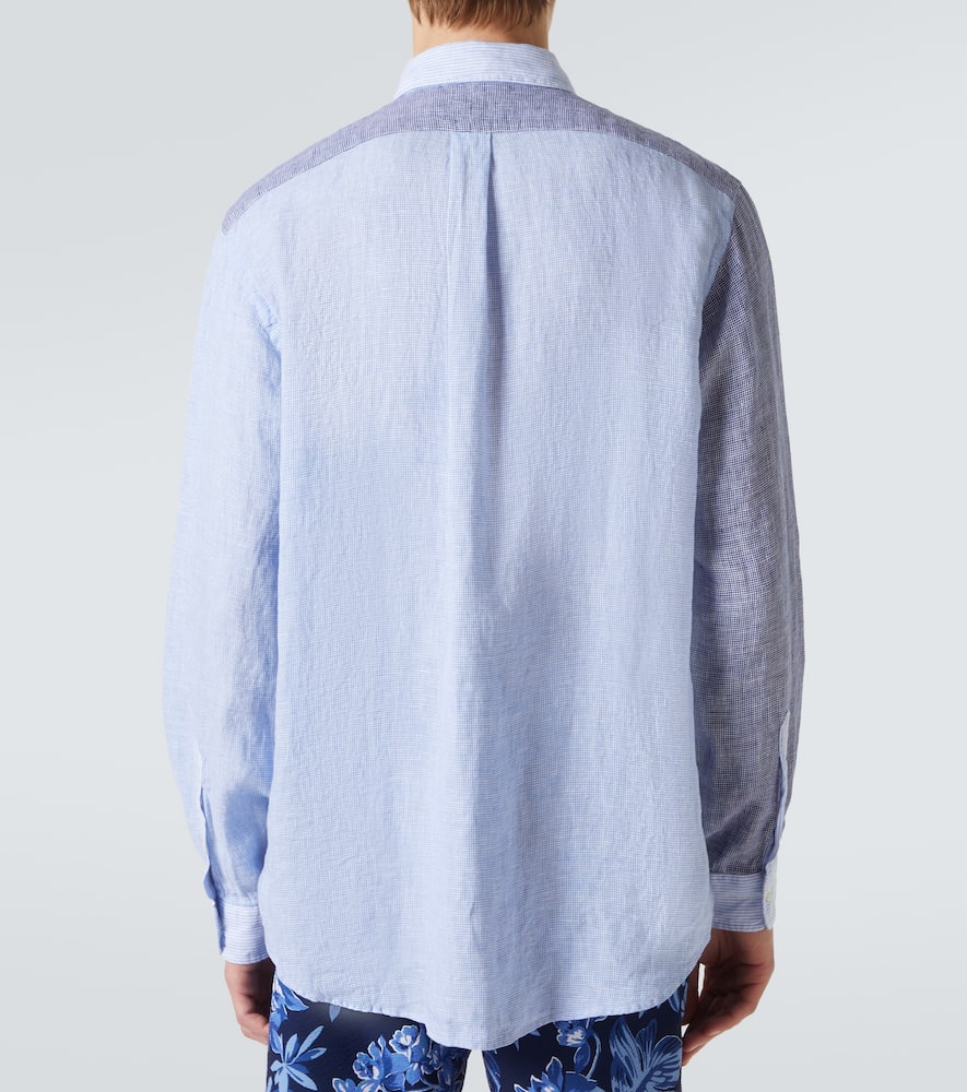 Polo Ralph Lauren Button-down Collar Panelled Puppytooth And Striped Linen Shirt In Blue