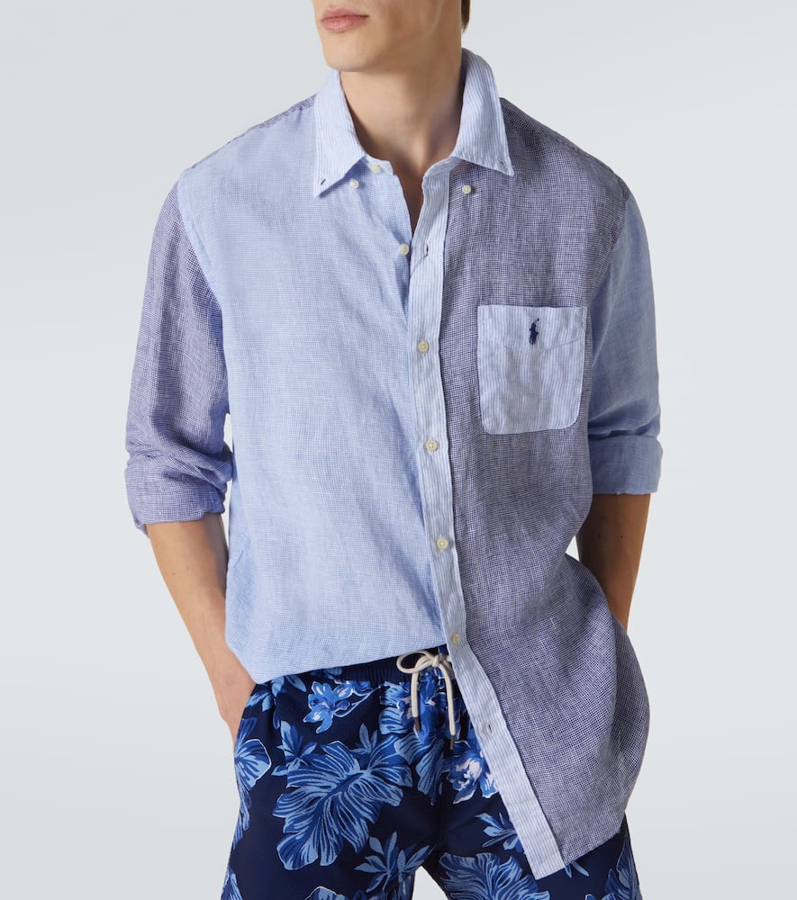 Polo Ralph Lauren Button-down Collar Panelled Puppytooth And Striped Linen Shirt In Blue