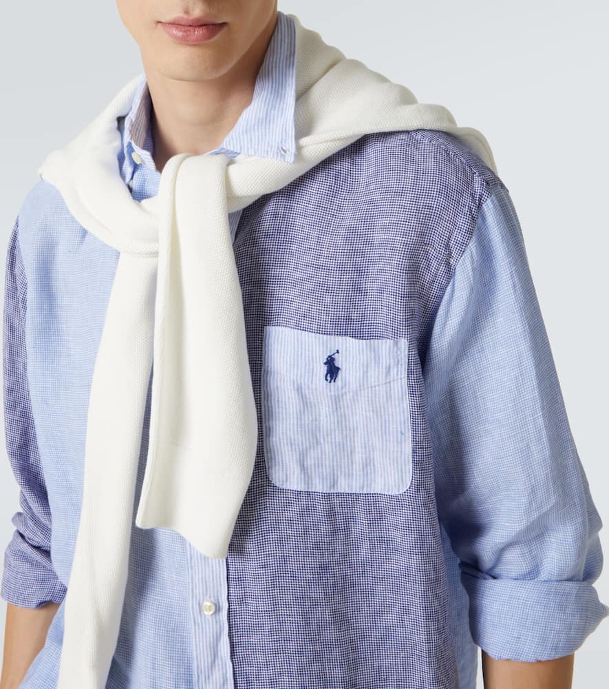 Polo Ralph Lauren Button-down Collar Panelled Puppytooth And Striped Linen Shirt In Blue