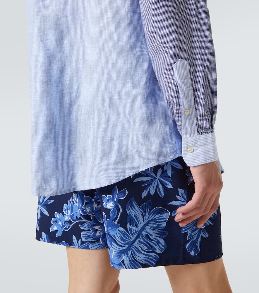 Polo Ralph Lauren Button-down Collar Panelled Puppytooth And Striped Linen Shirt In Blue
