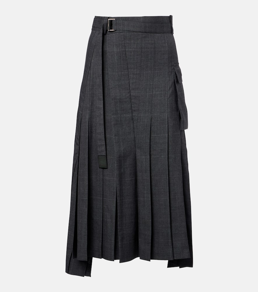 Sacai Prince Of Wales Check Wool Midi Skirt In Gray