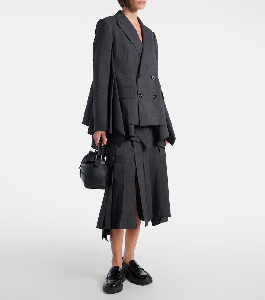 Sacai Prince Of Wales Check Wool Midi Skirt In Gray