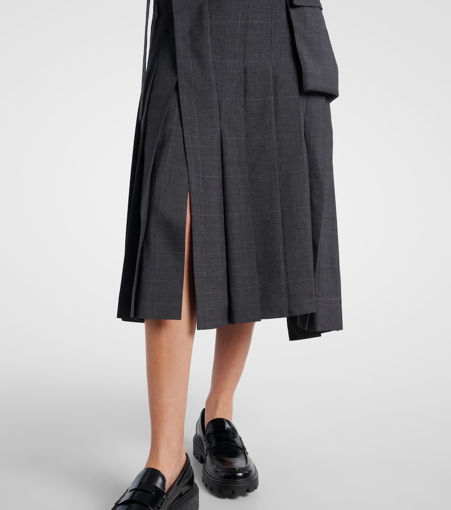 Sacai Prince Of Wales Check Wool Midi Skirt In Gray