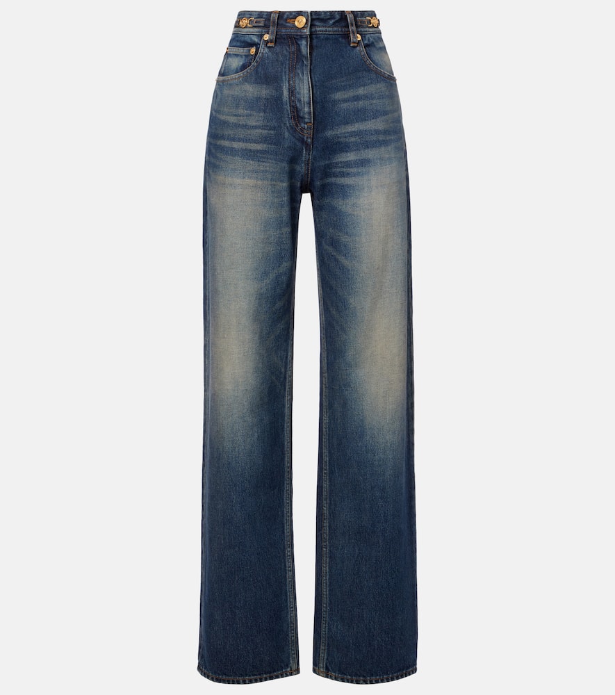 Versace Distressed High-rise Wide-leg Jeans In Blue
