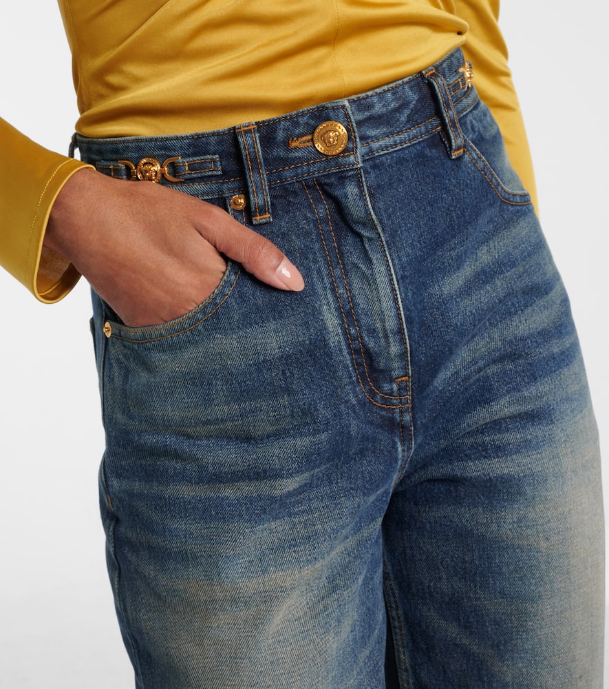Versace Distressed High-rise Wide-leg Jeans In Blue