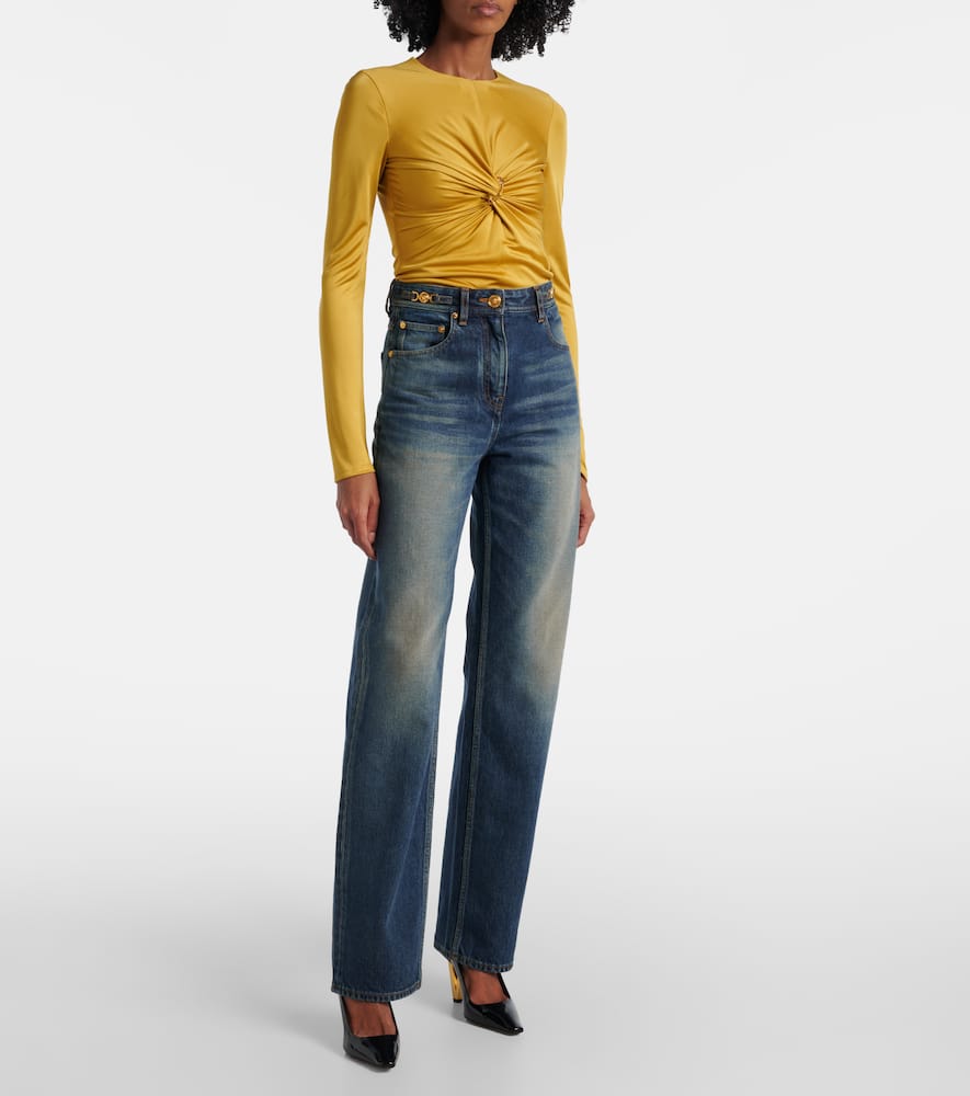 Versace Distressed High-rise Wide-leg Jeans In Blue