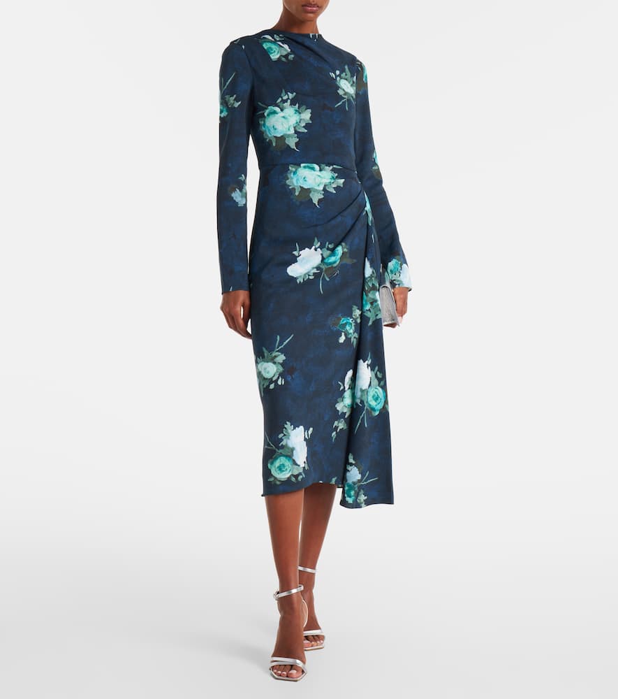 Erdem Abstract Rose Print Draped Long Sleeve Stretch Cady Midi Dress In Blue