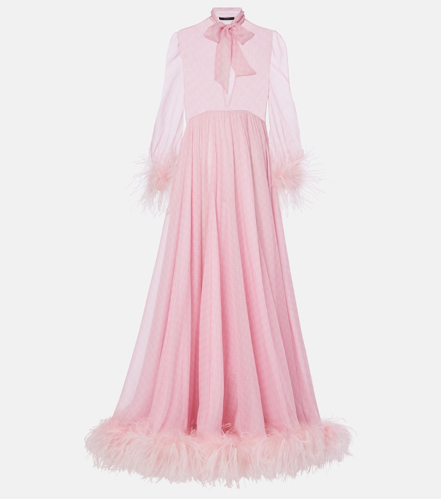 Gucci GG feather-trimmed silk chiffon gown