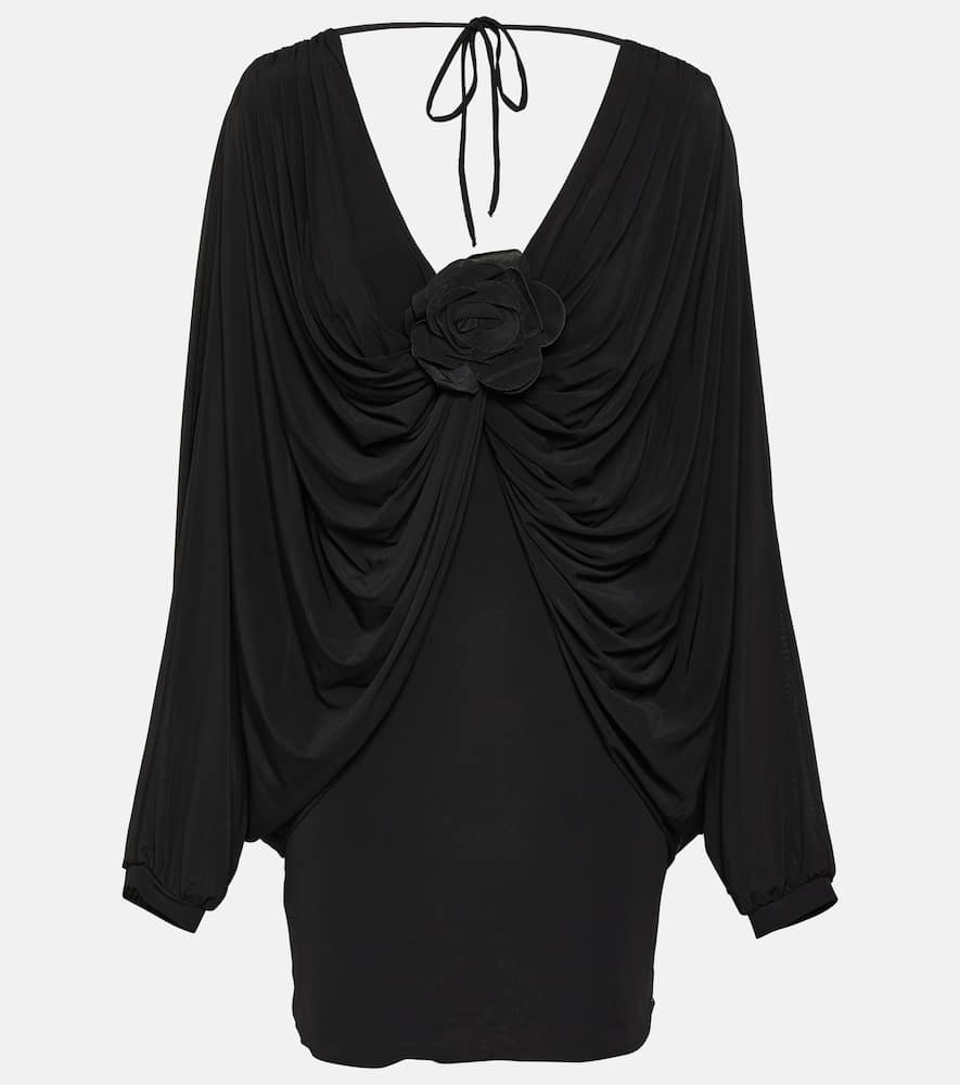 Floral-appliqué draped minidress