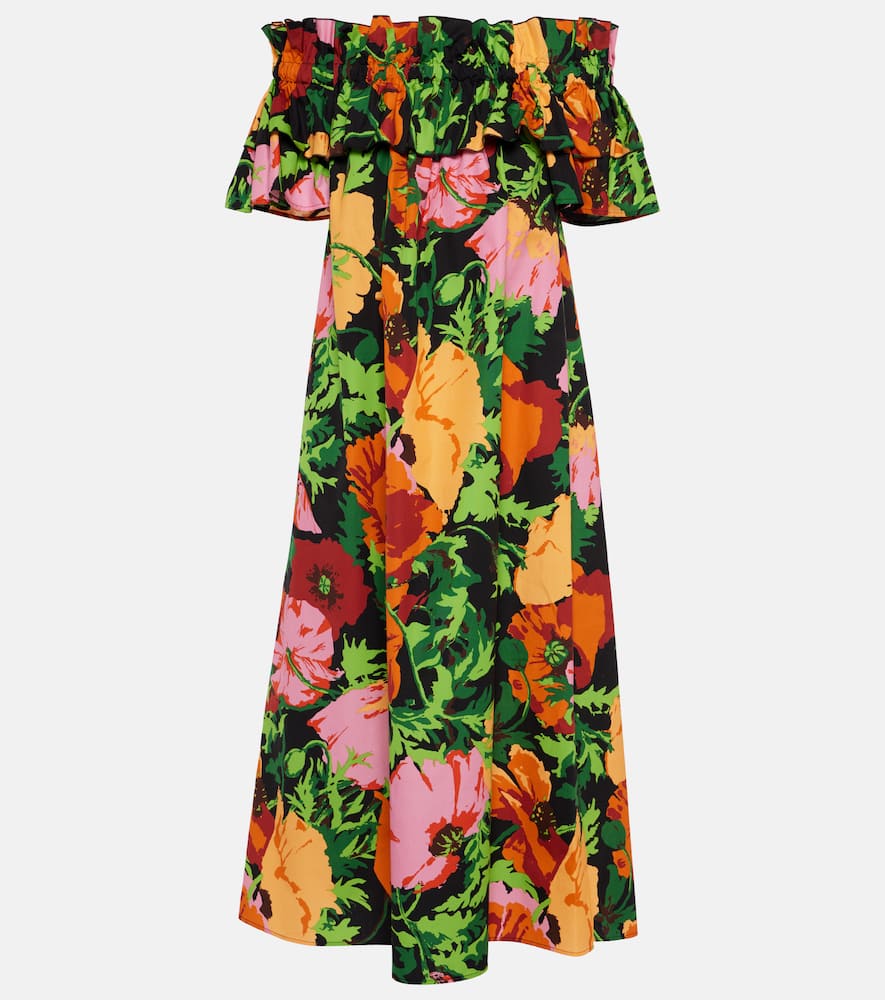 La Doublej Breakfast Off-the-shoulder Floral-print Cotton-poplin Midi Dress In Multicoloured