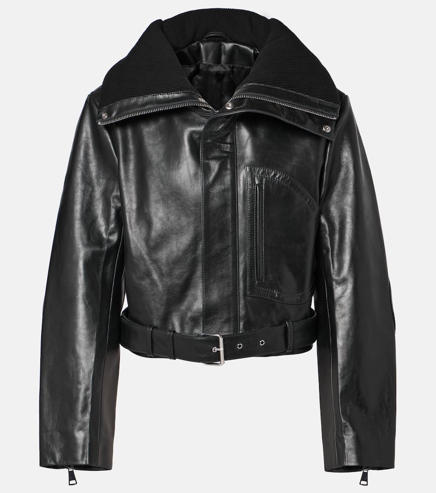 Cropped belted leather biker jacket