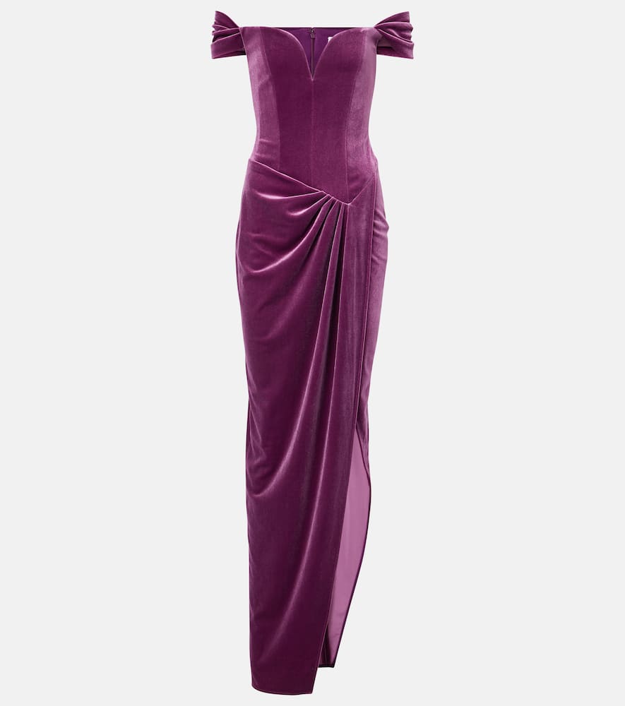 Asymmetric velvet bustier gown