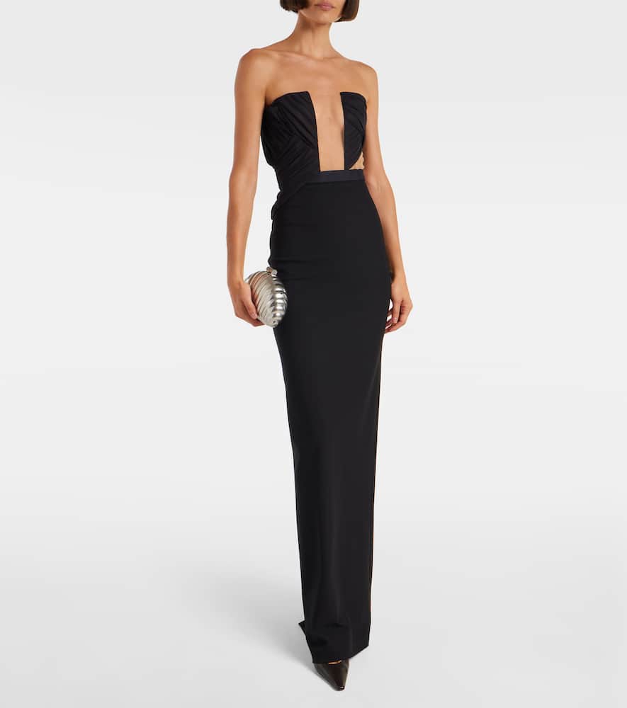 Nensi Dojaka Draped Maxi Dress With Corset And Sheer Panels In Black