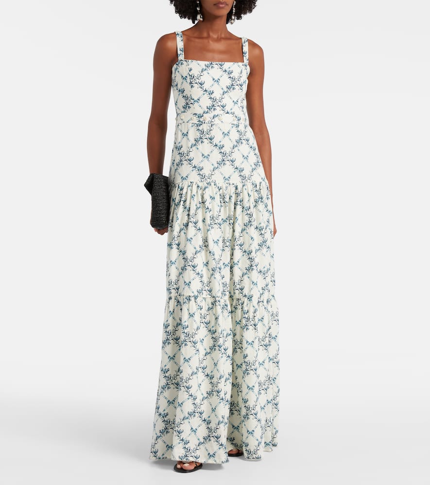 Agua By Agua Bendita Lima Gloriosa Tiered Faux Pearl-embellished Printed Linen Maxi Dress In White