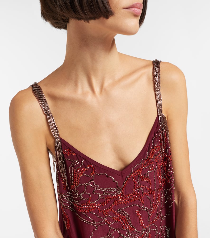 Dries Van Noten Beaded Silk Slip Dress In Burgundy
