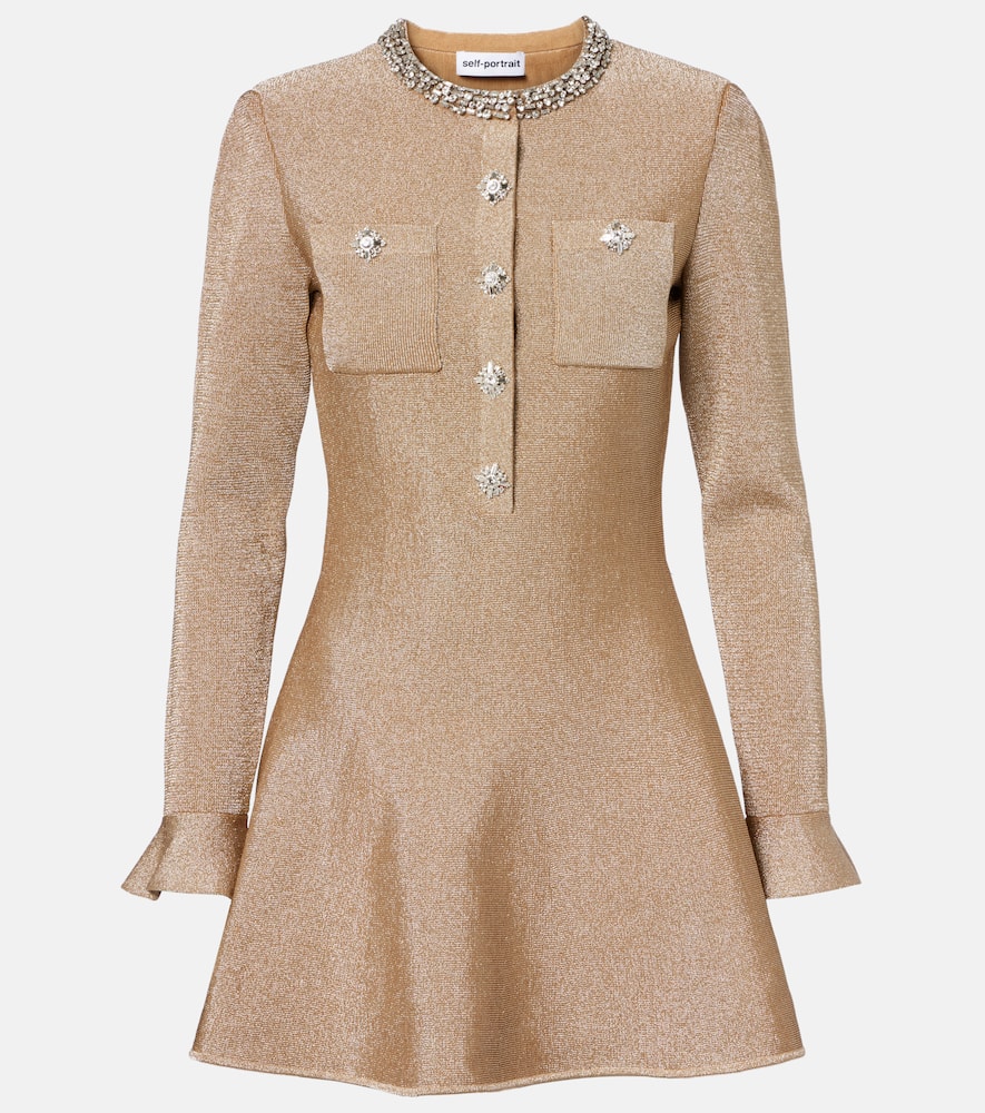 Self-portrait Womens Self Portrait Crystal Knitted Mini Dress In Brown