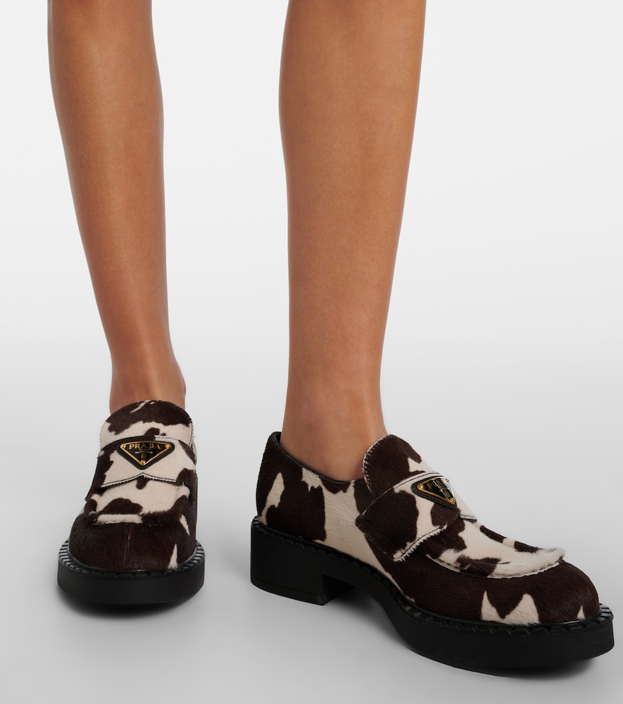 Prada Chocolate cow-print calf hair loafers