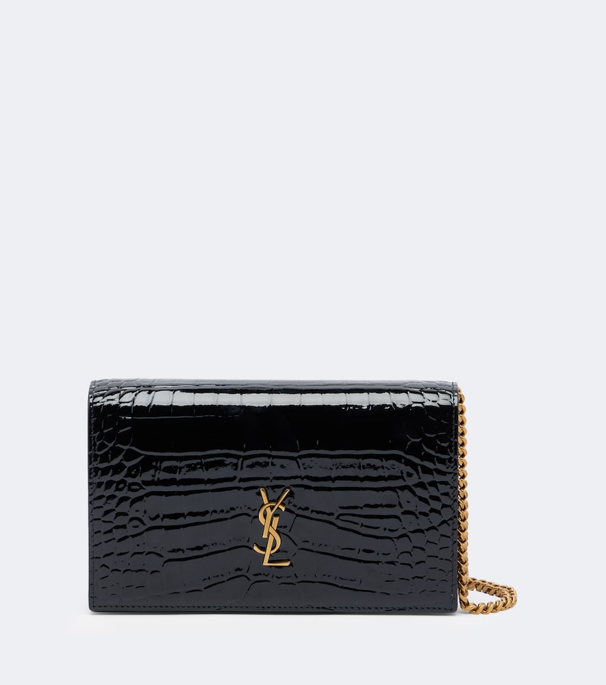 Saint Laurent Cassandre Croc-effect Leather Chain Wallet In Black