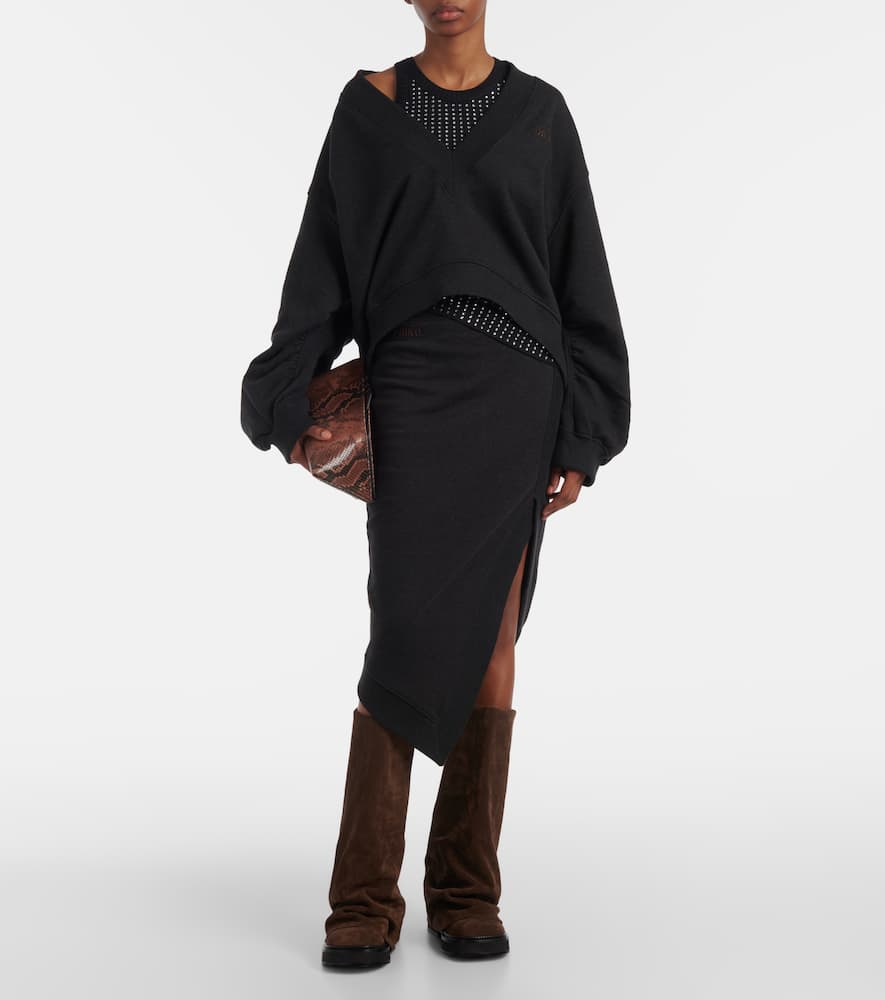 Attico Ribbed Waist Midi Skirt With Side Slit In Black