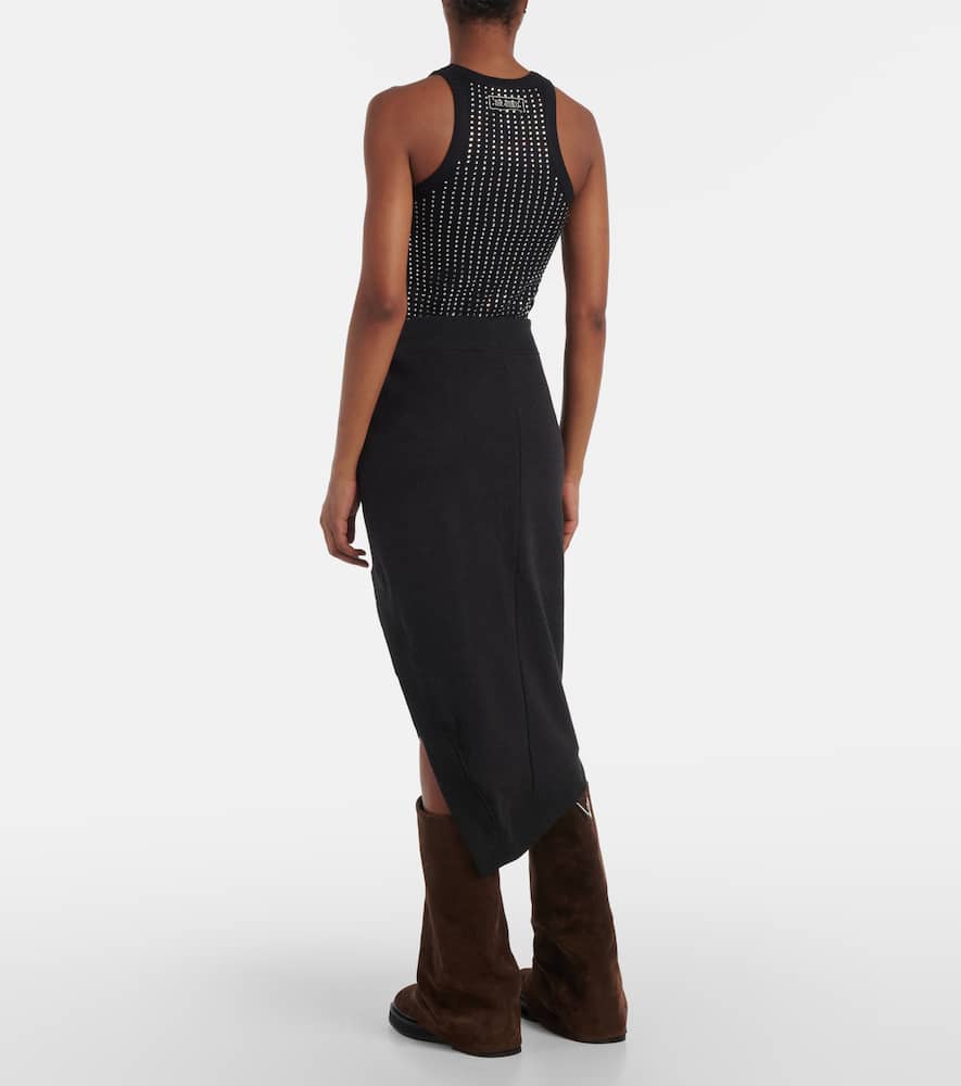 Attico Ribbed Waist Midi Skirt With Side Slit In Black