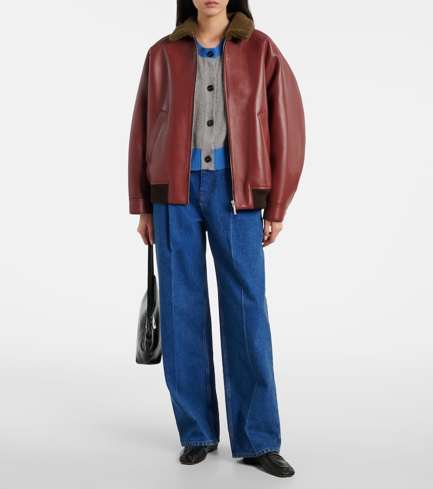 Marni Shearling-trimmed Leather Blouson Jacket In Burgundy