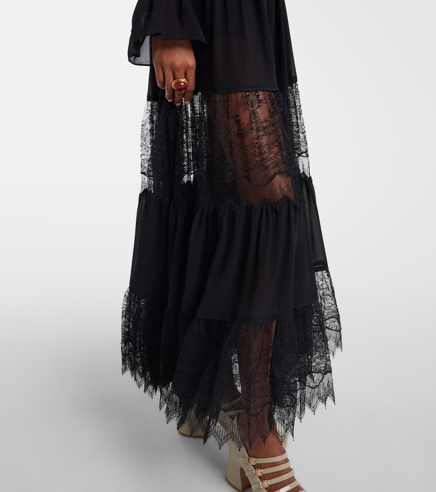 Chloé Chloe Lace-embellished Silk-chiffon Maxi Skirt In Black