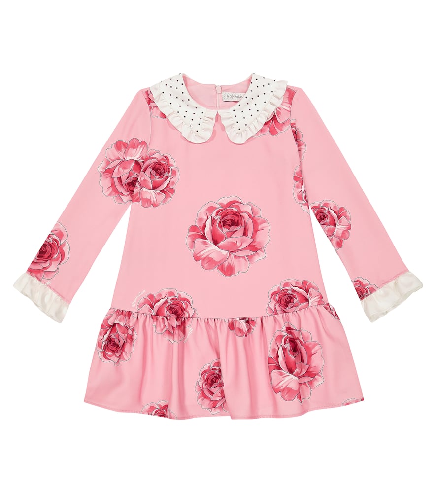 Monnalisa Floral Printed Cady Dress In Rosa Fairytale