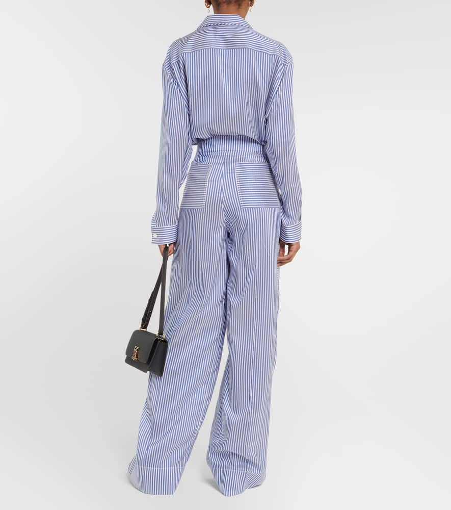 Shop Burberry Striped High-rise Silk Wide-leg Pants In Blue