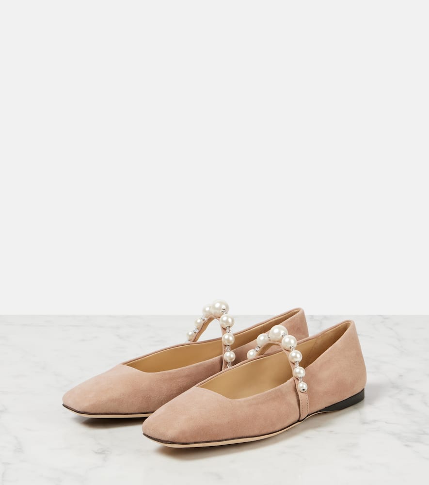 Jimmy Choo Suede Leather Ballerina Flats With Pearl In Pink