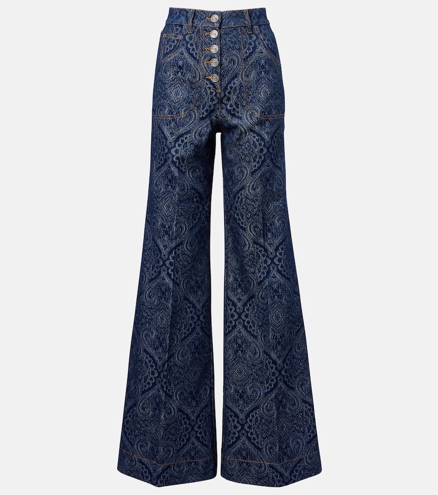 Etro Flared Jacquard Denim Jeans With Pegaso Buttons In Blue