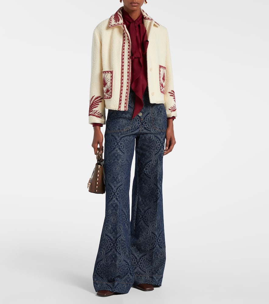 Etro Flared Jacquard Denim Jeans With Pegaso Buttons In Blue