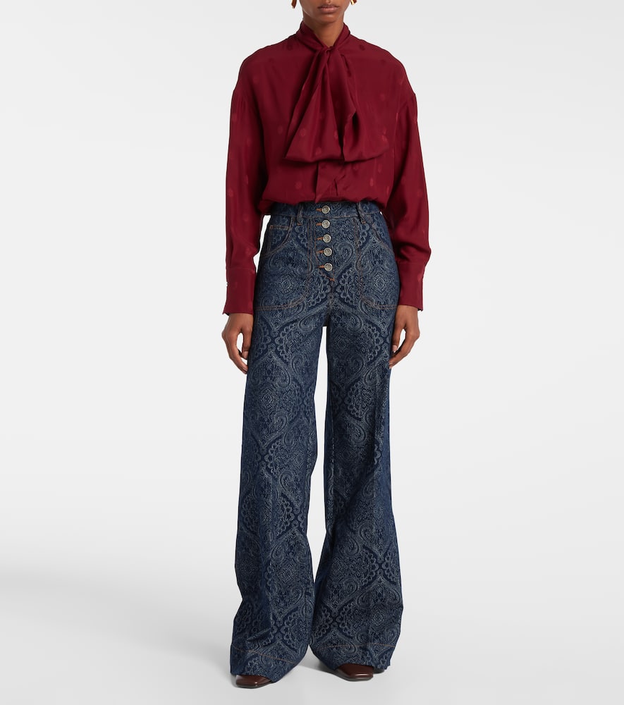 Etro Flared Jacquard Denim Jeans With Pegaso Buttons In Blue