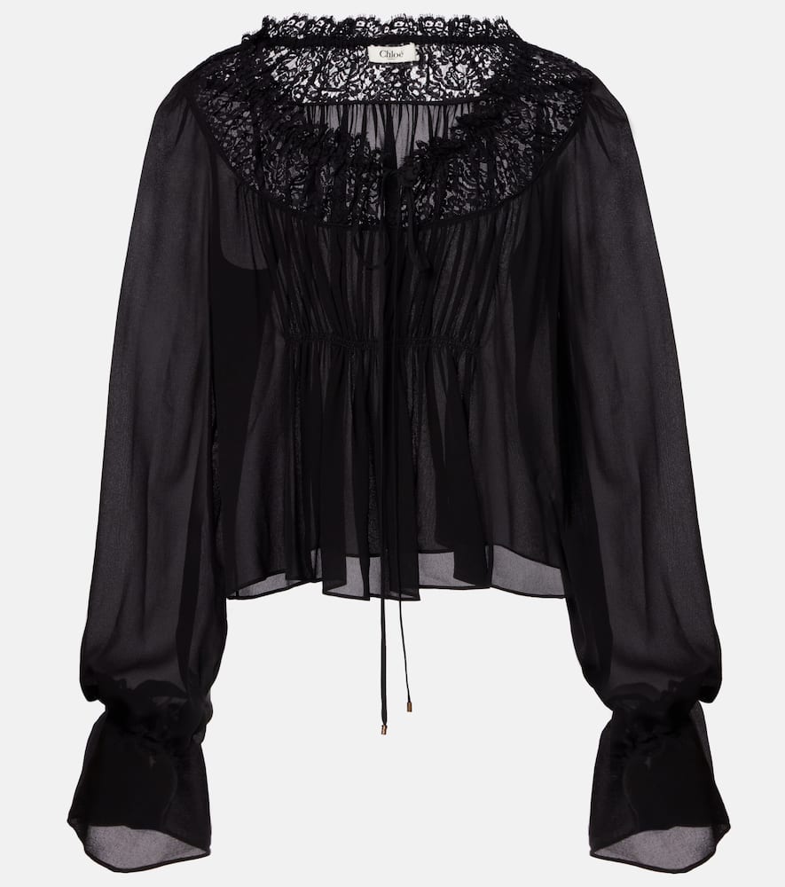 Chloé Gathered Lace-trimmed Silk Georgette Blouse In Black