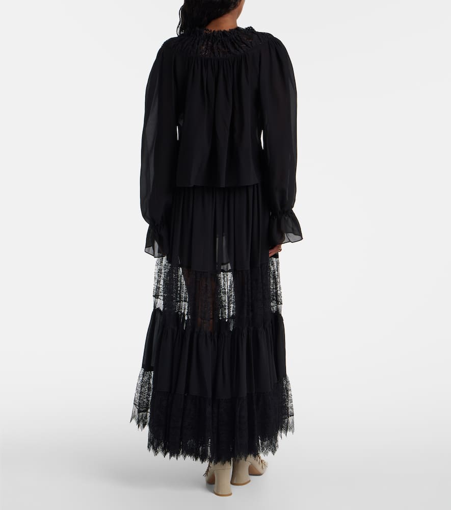 Chloé Gathered Lace-trimmed Silk Georgette Blouse In Black