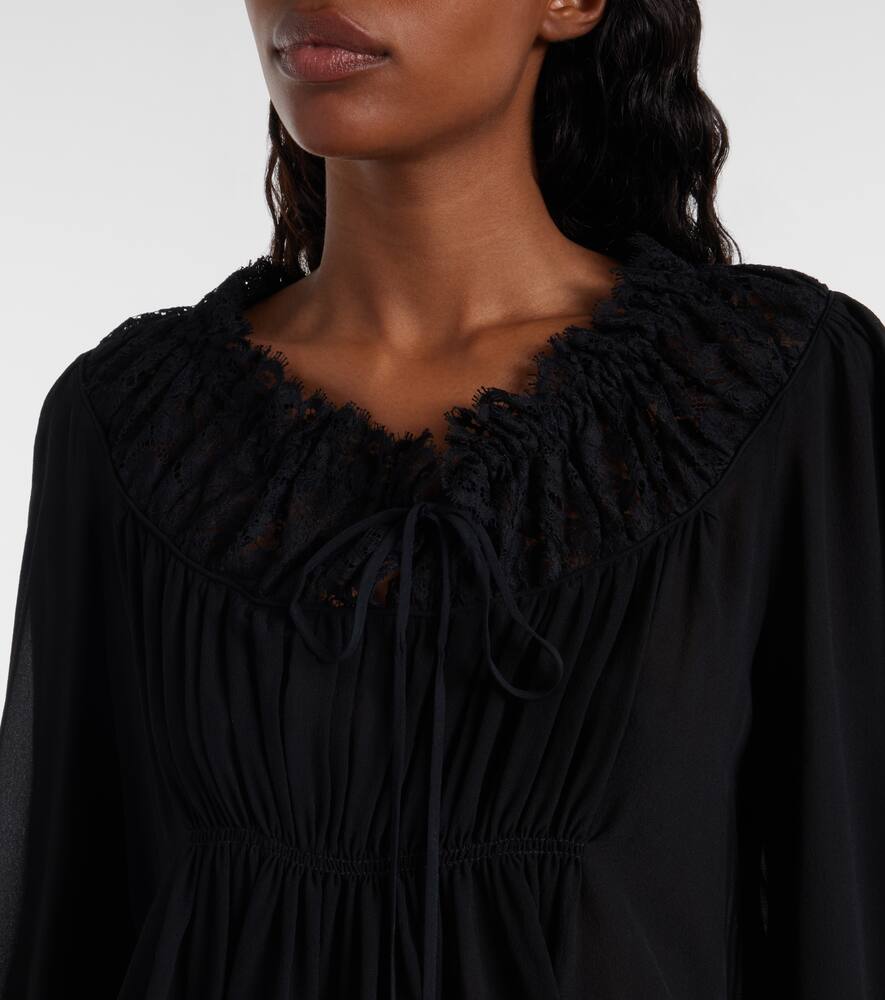 Chloé Gathered Lace-trimmed Silk Georgette Blouse In Black